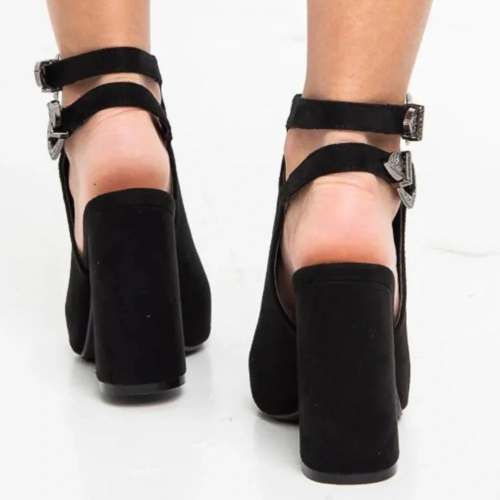 Black Faux Suede Peep Toe Block Heel Boots with buckle detailing Size 6 - Picture 14 of 15